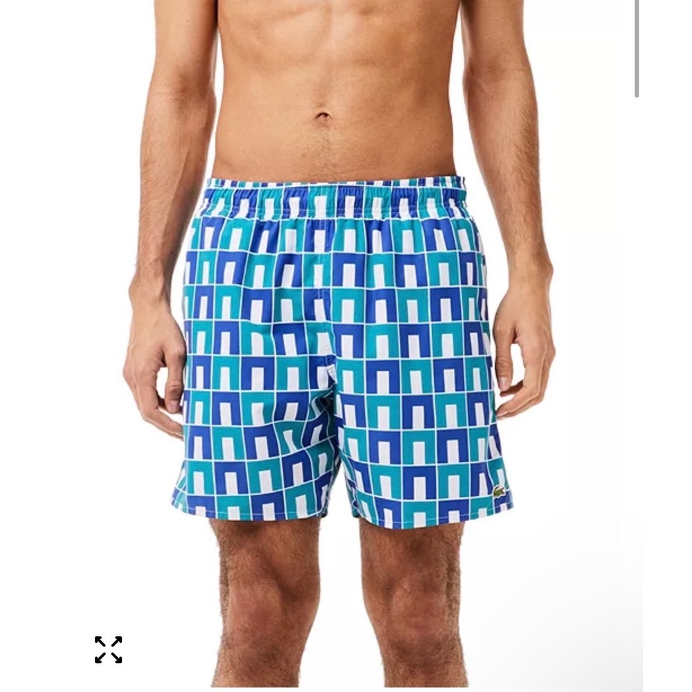 Lacoste Abstract Print Swim Trunks Blue Geometric Pool Beach Resort